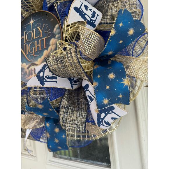 Holy Night Nativity Wreath Christmas Door Decor | Blue and Gold Holiday Wreath - Picture 5 of 9